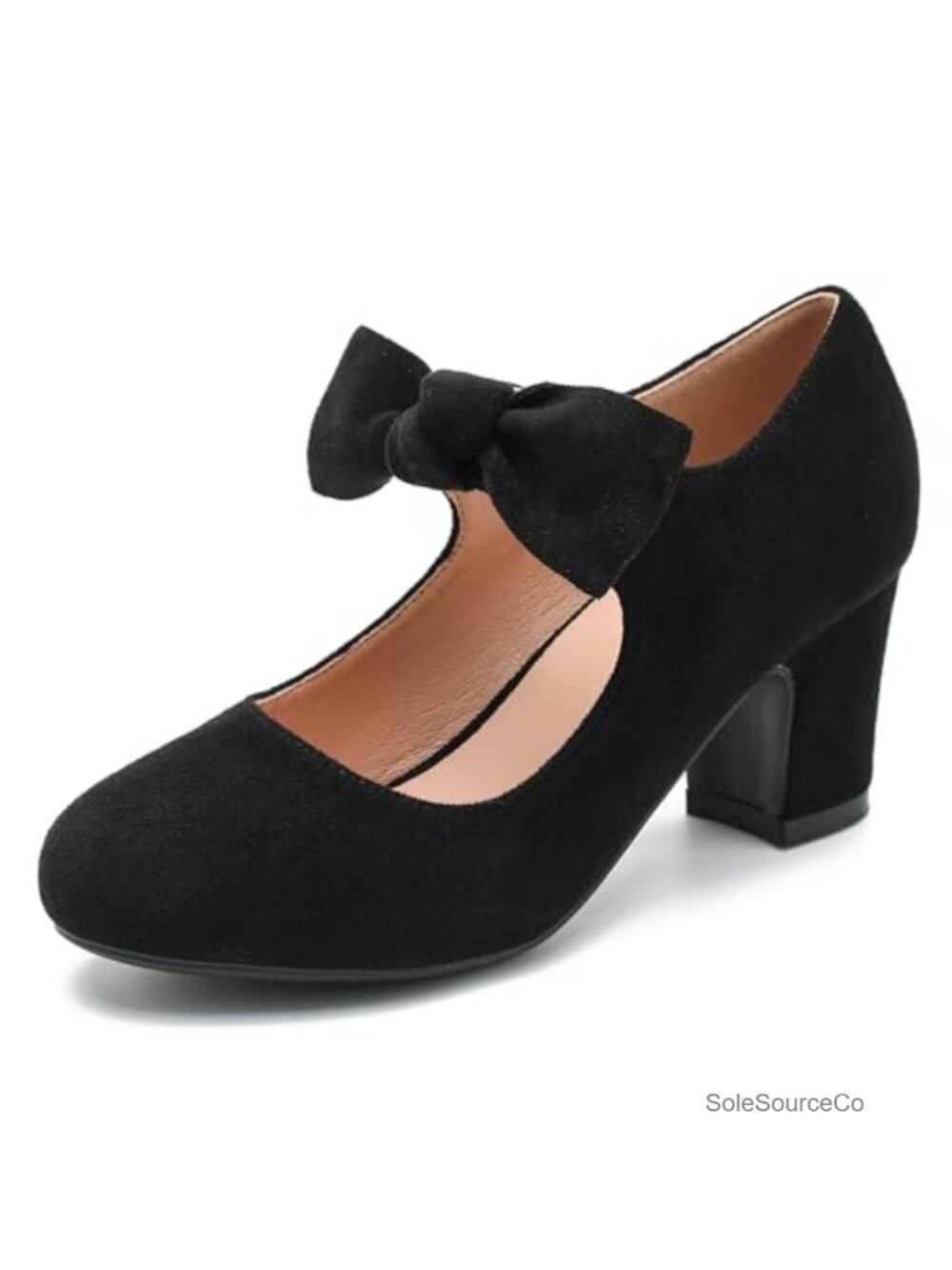 Women's Bow Mary Jane Low Block Heel Pumps Closed Round Toe Ankle Strap Dress
